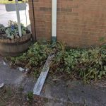 Overgrown plants and debris near a brick wall, with a metal drainage pipe and a wooden planter visible, illustrating potential foundation drainage issues related to basement waterproofing.