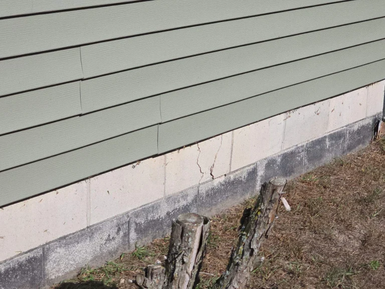 Cracked basement foundation wall with visible structural damage and weathered siding, illustrating the need for professional basement repair services in Toledo.